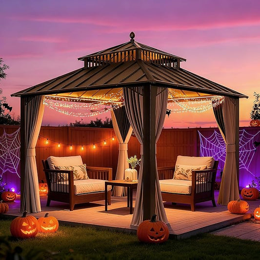 SUNJOY Kingston 10' x 10' Hardtop Gazebo with Galvanized Steel Double Roof, Curtain and Netting, Brown Aluminum Posts Permanent Pavilion Gazebo for Garden, Patio, Deck, Lawn