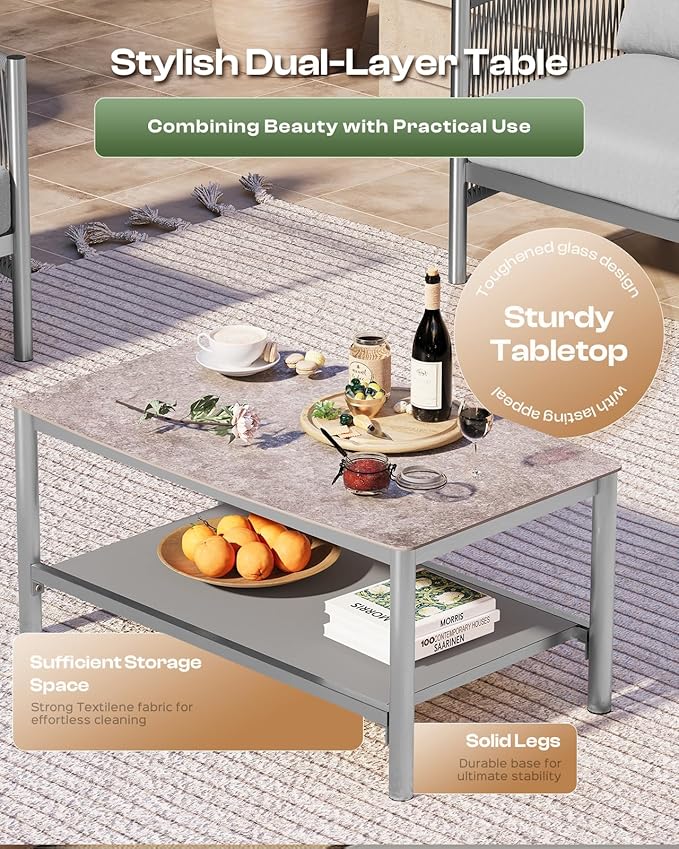 Aluminum Outdoor Patio Furniture Set, HDPE Rope 5 Piece Modern Sectional Conversation Sets with Dual-Layer Coffee Table, All Weather Patio Couch Sofa with Thick Cushions, Silver Frame, Silver