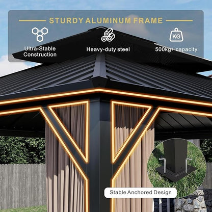 10’x12’ Hardtop Gazebo, Galvanized Steel Double Roof Canopy with Aluminum Frame, Outdoor Pavilion with Nettings and Curtains