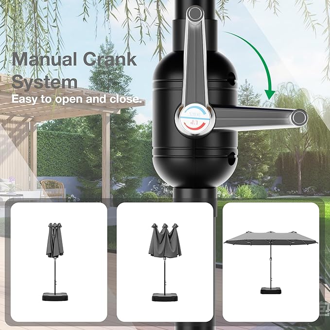 Joyside 15FT Large Patio Umbrella with Base Included, Outdoor Double Sided Umbrella, Rectangle Umbrella with Crank Handle, 12 Sturdy Ribs for Deck, Porch and Pool