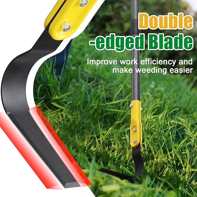 Hoe Garden Tool, 66" L Shape Sickle Garden Tool with Double-Edged Blade and Adjustable Long Handle, Heavy Duty Crack Crevice Weeding Hoe for Weeding, Loosening Soil, Trenching