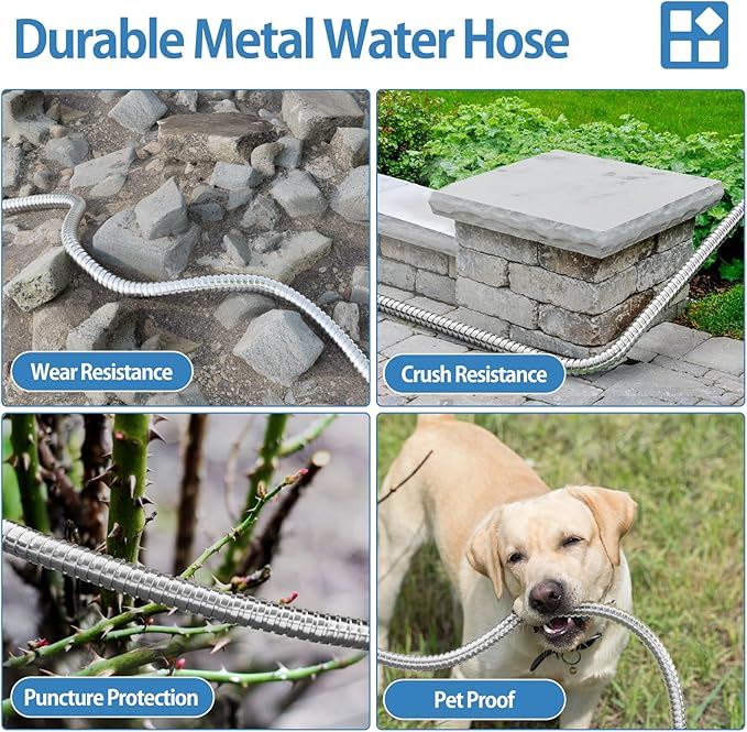 SPECILITE 125 FT Garden Hose, 304 Stainless Steel Metal Heavy Duty Flexible Water Pipe, Kink Free, Durable, Lightweight for Yard, Outdoor with Rubber Grip