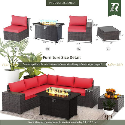 Outdoor Patio Furniture Set with Propane Fire Pit Table, 7 Pieces Outdoor Furniture Patio Sectional Sofa Conversation Sets w/ETL Approved 43" Gas Outdoor Fire Table & Coffee Table RED.