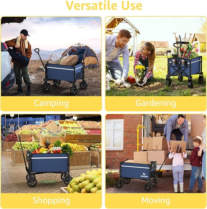 Navy Collapsible Wagon Cart with Wheels Foldable - Folding Utility Heavy Duty Wagons Carts for Grocery Sports Garden Shopping Camping