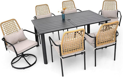 7 Pieces Rattan Patio Swivel Chairs, Stackable Chairs and 63"x38" Rectangle Table Set