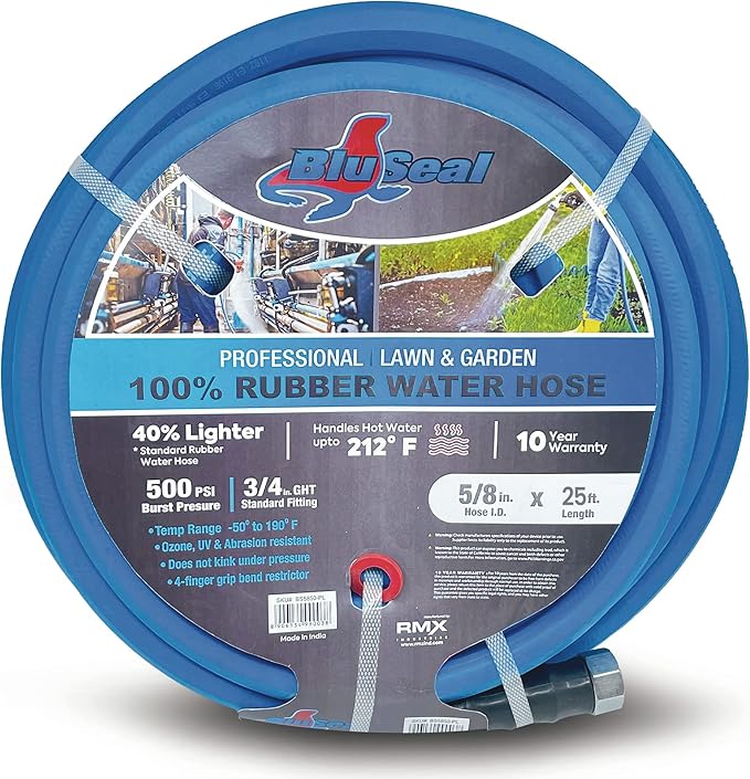 BluSeal Hot/Cold Water Rubber Garden Hose, 100% Rubber, Ultra-Light, Super Strong, 500 PSI, 50F to 190F Degrees, High Strength Polyester Braided (5/8" x 25')
