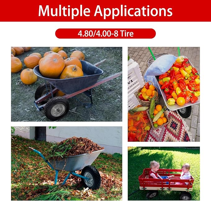 4.80/4.00-8" Tire, 16" Pneumatic Wheelbarrow Tire and Wheel with 5/8" Bearings (Extra 3/4") and 3" Centered Hub for Wheelbarrow/Garden Carts/Hand Truck/Yard Wagon Dump Cart (2-Pack)