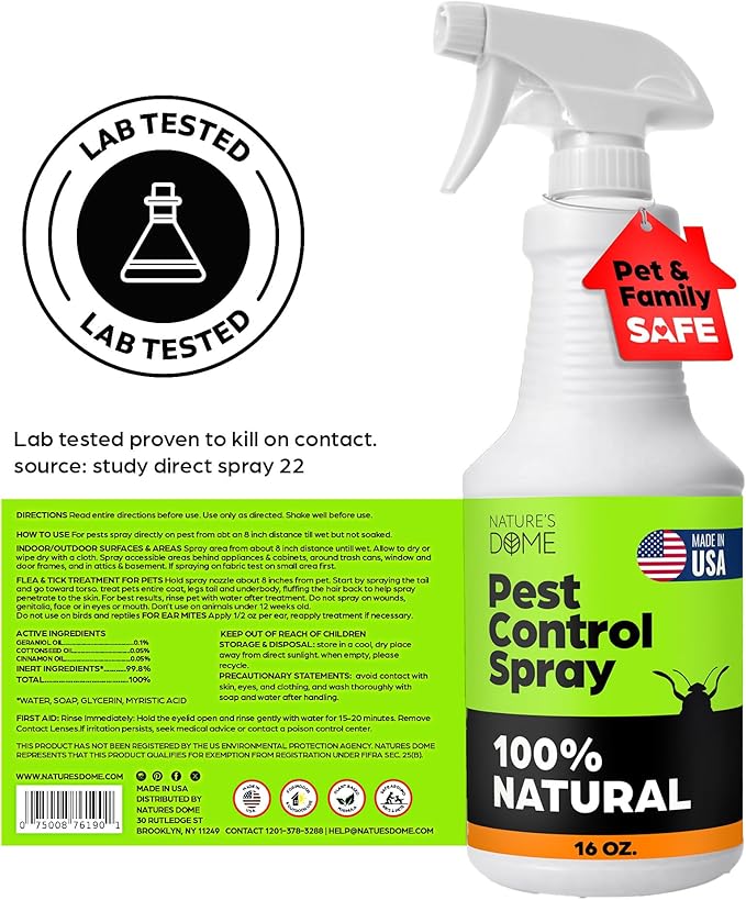 Nature's Dome Eco-Friendly Lab Tested – 16 oz – Pest Control - Insect, Spider, Fly, Flea, Ticks, Ant Spray Safe for Pets and Kids 100% Natural – Fast-Acting, for Indoor & Outdoor Use