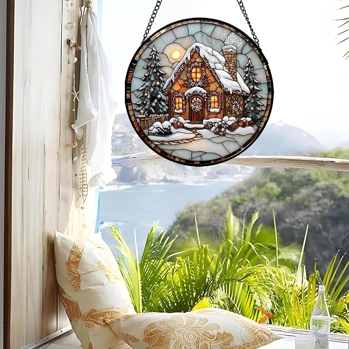 Stained Glass Window Hanging - Christmas Tree Cottage Sun Catcher for Door Garden Home Winter Decor Snowy Night Suncatcher Mother's Day Birthday Gifts for Women Men Mom Nana 6.3 in