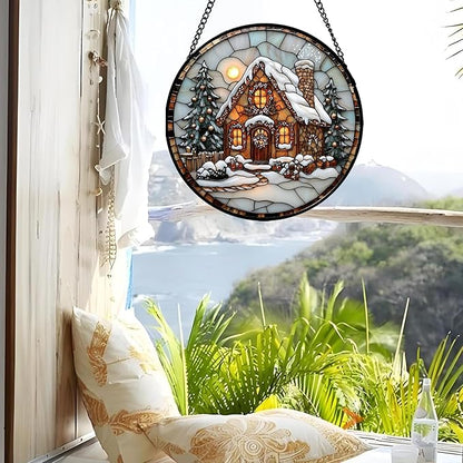 Stained Glass Window Hanging - Christmas Tree Cottage Sun Catcher for Door Garden Home Winter Decor Snowy Night Suncatcher Mother's Day Birthday Gifts for Women Men Mom Nana 6.3 in