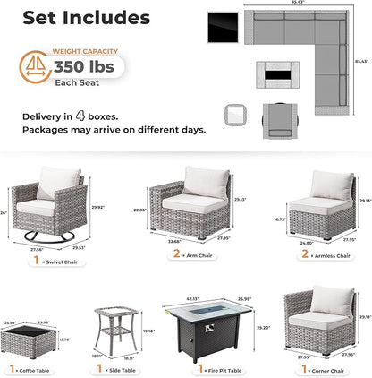 ovios 9 Pieces Patio Furniture Set, Outdoor Wicker Sectional Sofa with 42" Firepit Table Swivel Chair, Modern Modular Deep Seat Rattan Couch Conversation Sets, Beige