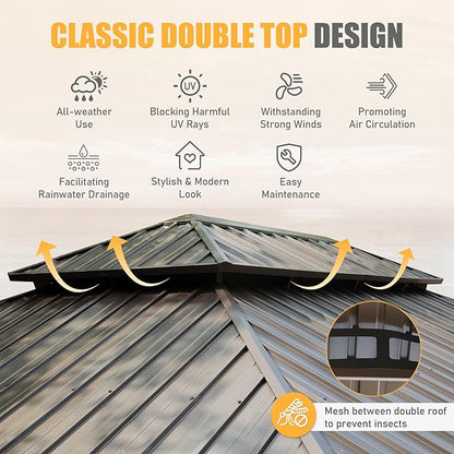 Domi 14' X 20' Hardtop Gazebo Large Outdoor Metal Gazebo with Galvanized Steel Double Roof Canopy, Aluminum Frame, Curtains and Netting for Patio, Deck, Garden, Brown