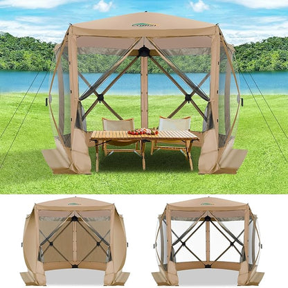 COBIZI 10x10 Pop up Gazebo Screen House Tent for Camping, Pop-up Camping Canopy with Sidewalls, Portable Outdoor Quick-Set Hub Tent with Carrying Bag&Ground Stakes, Khaki(Upgraded 2.0)