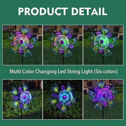 Solar Peacock Wind Spinners for Yard & Garden - 40 Inch Metal Wind Sculpture, Kinetic Windmill with Multi Color LED Lights, Lawn & Patio Art Decor