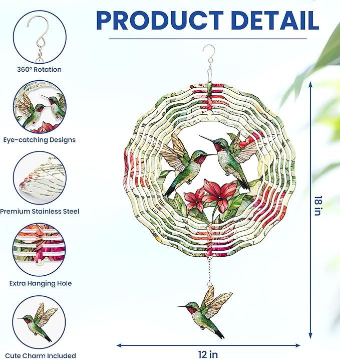 FLAGWIX Christmas Hummingbird Gifts for Women - 3D Stainless Steel Metal Wind Spinners 12in - Hummingbird Wind Spinner Yard Decorations Outdoor Indoor Hanging Garden Decor, Christmas Decorations