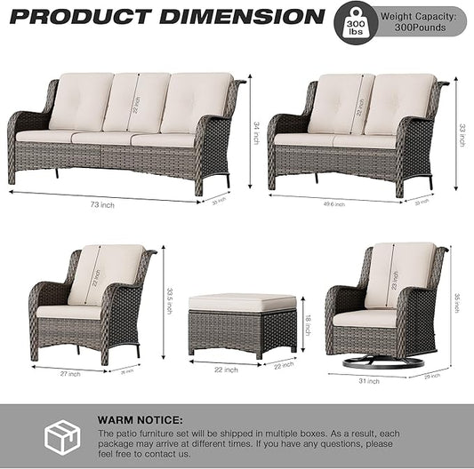 Joyside Wicker Patio Furniture Sets 7 Piece Set with One 3-Seat Sofa, Four Armchairs, Two Ottomans, Wicker Outdoor Furniture Sectional Conversation Set(Mixed Grey/Beige)