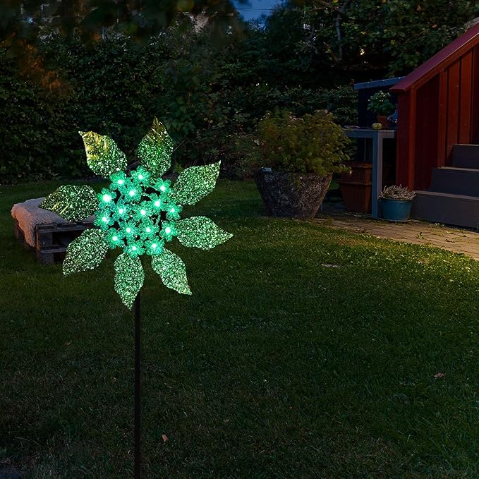 Solar Glow Garden Wind Spinner Outdoor, 13" W Flower Metal Wind Spinner & Sculptures with Fluorescent Coating, Kinetic Windmill for Yard Lawn Patio Decor, Blue