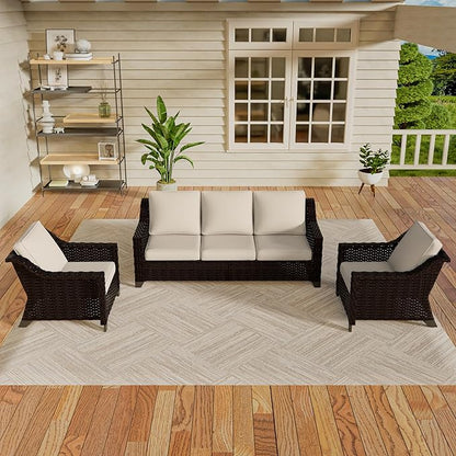 Vista Vibe 3 Pieces Outdoor Patio Conversation Furniture Set - 78" 3-seat Sofa | 2 Wicker Chairs, Deep Seat Loveseat, Removable Cushions, Hand-Woven PE Rattan Couch, Balcony (Brown/Beige)