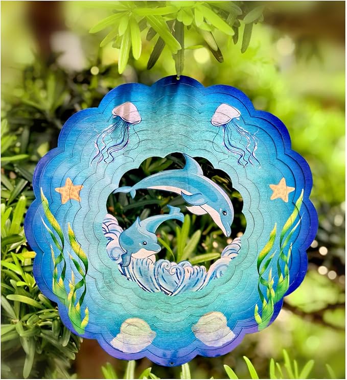 Dolphin Wind Spinner for Yard and Garden Wind Spinner Outdoor Mental Kinetic Dolphin Hanging Lawn Ornaments Dolphin Gifts Outdoor/Indoor Dolphin Decor with 3D Visual Effect (12''-1pc, Dolphin)