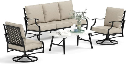 HERA'S HOUSE 4 Piece Patio Furniture Set, 2 x Swivel Cushioned Chair, 3-Seat Sofa with Marbling Coffee Table, All Weather Outdoor Conversation Set for Lawn Garden Backyard