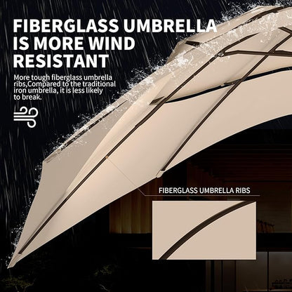 Ayge 9FT 3-Tier Large Outdoor Patio Umbrella Market Table Umbrella-UV Resistant,Easy Push Button Tilt and Crank,8 Sturdy Fiberglass Ribs Heavy-Duty Pool Umbrella for Deck,Backyard,Garden,Yard,Beige