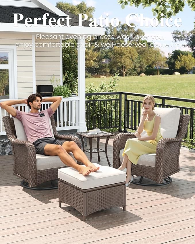 LayinSun 10 Piece Wicker Outdoor Furniture Set with 6-inch Comfy Cushions, High Back Patio Furniture Set with Swivel Rocking Chairs and Fire Pit Table