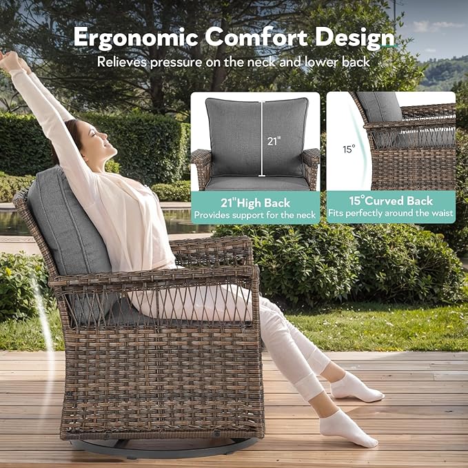 6 Pieces Wicker Patio Furniture Set - Hollow Widen Armrests Outdoor Swivel Glider Chairs and 3 Seat Sofa with Coffee Table & Ottomans for Balcony Porch Deck and Yard - Brown/Gray