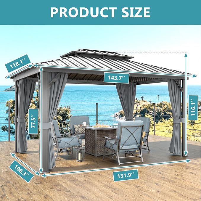 Aoxun 10' X 12' Hardtop Gazebo, Aluminum Metal Outdoor Gazebo with Galvanized Steel Double Roof, Permanent Patio Pavilion with Breathable Netting and Curtains for Dining, Wedding, Party