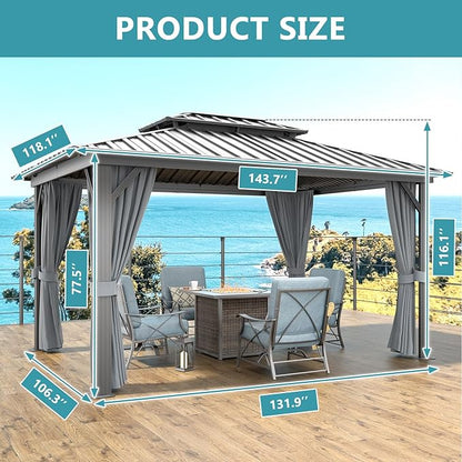 Aoxun 10' X 12' Hardtop Gazebo, Aluminum Metal Outdoor Gazebo with Galvanized Steel Double Roof, Permanent Patio Pavilion with Breathable Netting and Curtains for Dining, Wedding, Party