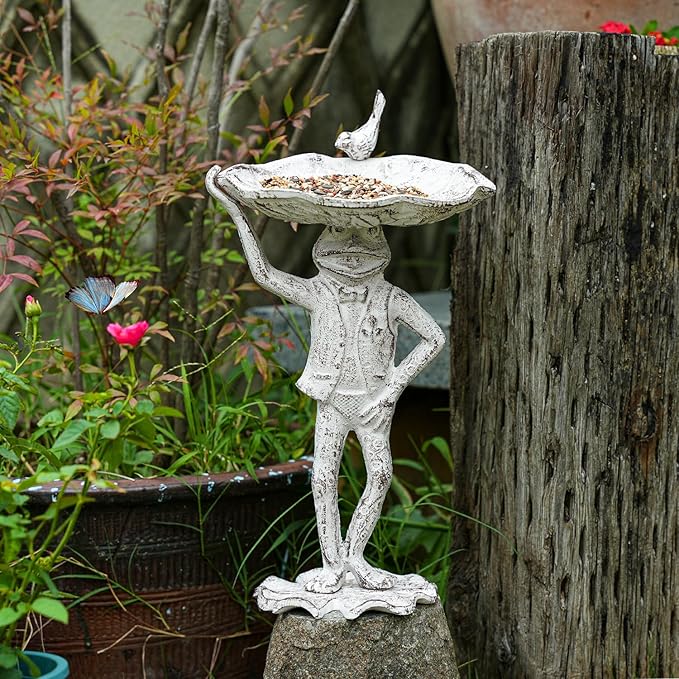 Sungmor Cast Iron Frog Bird Feeder, Garden Frog Statue Holding Leaf Outdoor Small Bird Bath Bowl, Indoor Candy Dish, Patio Tabletop Decoration