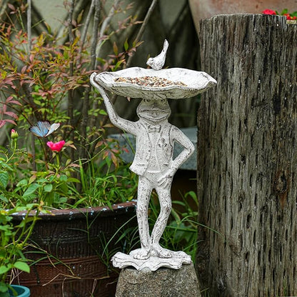 Sungmor Cast Iron Frog Bird Feeder, Garden Frog Statue Holding Leaf Outdoor Small Bird Bath Bowl, Indoor Candy Dish, Patio Tabletop Decoration