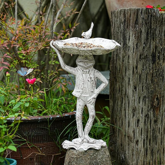 Sungmor Cast Iron Frog Bird Feeder, Garden Frog Statue Holding Leaf Outdoor Small Bird Bath Bowl, Indoor Candy Dish, Patio Tabletop Decoration