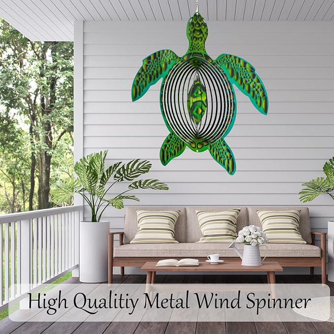 ISEO Turtle Wind Spinner for Yard and Garden, Hanging Outdoor Decor, Yard Art, Porch and Patio Decorations, Metal Wind Spinners Outdoor, Weather Resistant, 15”