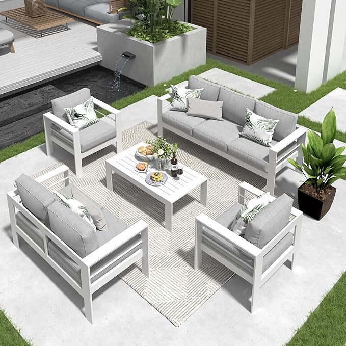 Solaste Aluminum Patio Furniture Set for All Weather, Oversized Metal Outdoor Furniture Set with 27.5" Deep Seating and 3.2" Wide Armrest, Outdoor Patio Conversation Set with 5" Cushion, White