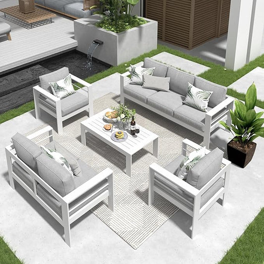 Solaste Aluminum Patio Furniture Set for All Weather, Oversized Metal Outdoor Furniture Set with 27.5" Deep Seating and 3.2" Wide Armrest, Outdoor Patio Conversation Set with 5" Cushion, White