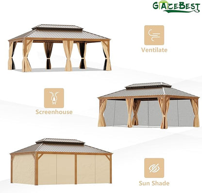 14' X 20' Hardtop Gazebo, Aluminum Wood-Looking Frame Outdoor Permanent Galvanized Steel Double Roof Pavilion Pergola Canopy with Privacy Curtains for Garden, Patio, Backyard, Deck and Lawns.