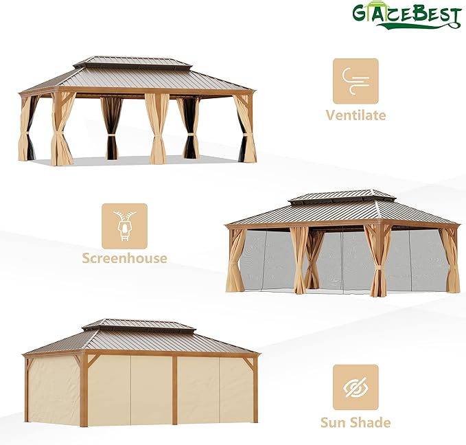 14' X 20' Hardtop Gazebo Outdoor Aluminum Patio Gazebo Double Roof Galvanized Steel Canopy Wooden Finish Coated with Netting and Curtains for Garden, Backyard,Deck and Lawns