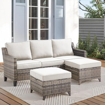 3-Piece Outdoor Bistro Set - Wicker Sofa With High Back, Ottomans, and Comfy Cushions - Rattan Conversation Set for Patio