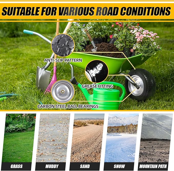 MZREXN 14.5" Wheelbarrow Tire Flat-Free 3.00/3.25/3.50/4.00-8" Solid Tire and Wheel with 3"-7" Centered Hub, 3/4" & 5/8" Bearings Replacement for Hand Truck/Dolly/Utility Cart/Garden Cart 1PCS Silver
