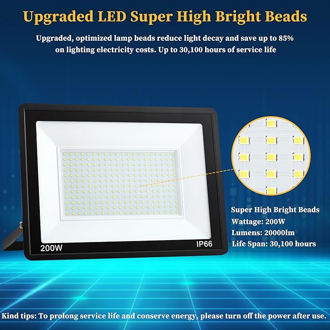 2 Pack 200W LED Flood Light Outdoor Plug in,25000 LM Super Bright Security Lights,IP66 Waterproof 6000K Daylight White Stadium Lights,Floodlights for Garage,Yard,Garden,Playground