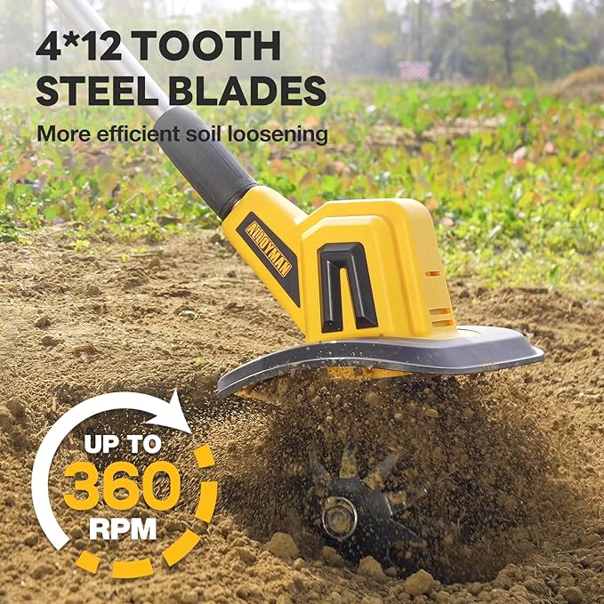 Alloyman 20V Cordless Tiller Cultivator, 360RPM Electric Garden Tiller, with 2 * 2.0Ah Batteries & Charger, 9In Tilling Width and 6.6In Depth Garden Rototiller for Lawn/Gardening/Soil Cultivation