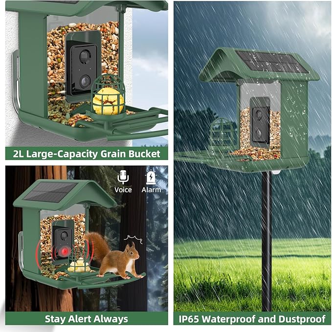 Smart Bird Feeder with Camera Solar Powered,AI Species Identify,1080 HD Video,Instant Arrival Alerts,2L Large Capacity,IP65 Waterproof,Squirrel Proof Wild Hummingbird Feeders for Outdoors, BirdLovers