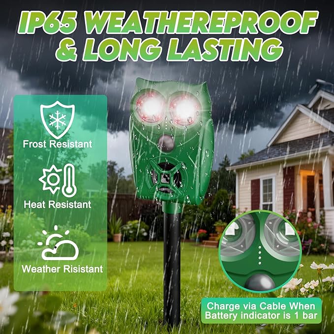 Solar-Powered Ultrasonic Animal Repellent with Motion Sensor, Waterproof Deer Repellent Device with Visual Indicator for Outdoor Yards, Garden, Effective to Repel Deer, Coyotes, Raccoons, and Cats