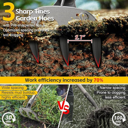 Hand Rake Long Handle - 74" Cultivator Weeding Rakes for Lifts Out Deep-Rooted Grass, 3-Tine Claw Rakes Heavy Duty Carbon Steel with D Grip for Digging Potato,Carrots,Loosens Soil