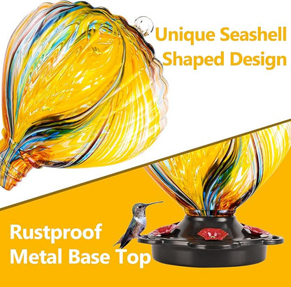 LUJII Seashell Shaped Hummingbird Feeder for Outside Hanging, Hand Blown Glass with Perches, Never Leak & Rustproof, Unique Gift for Women, Glass Art for Backyard Decor, 25 fl.oz, Ribbon