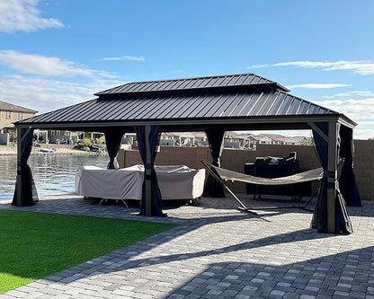 PURPLE LEAF 14' X 24' Outdoor Hardtop Gazebo Patio Wide Aluminum Frame Metal Double Roof with Heavy Duty Netting and Curtains for Permanent Hard Top Pavilion Screen, Navy Blue