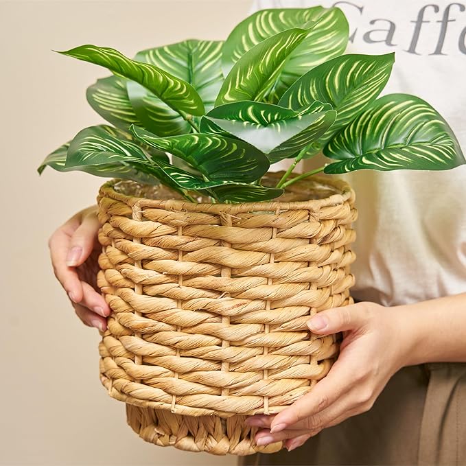 Set of 2 Water Hyacinth Planter Pot with Metal Stand - Indoor Plant, Flower, Succulent, Basket Planter, Decorative Pot Cover (Twisted)