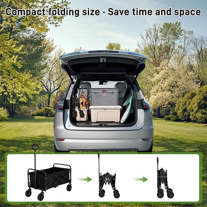 Catart Collapsible Folding Utility Wagon, 110L Large Capacity Portable Cart with Wheels, Lightweight Foldable Wagon for Camping, Gardening, Sports, Grocery Shopping, and Everyday Outdoor Use, Black