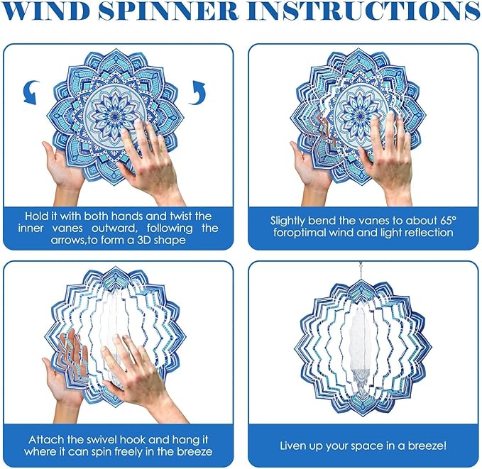 Wind Spinner Mandala Blue, 12-Inch 3D Kinetic Stainless Steel Metal Hanging Wind Spinners Outdoor, Flowers Yard Art Garden Porch Indoor Outdoor Decor
