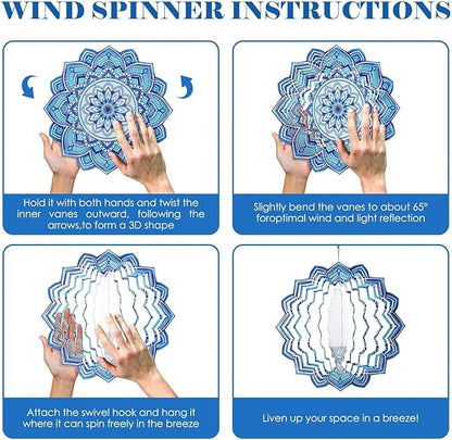 Wind Spinner Mandala Blue, 12-Inch 3D Kinetic Stainless Steel Metal Hanging Wind Spinners Outdoor, Flowers Yard Art Garden Porch Indoor Outdoor Decor